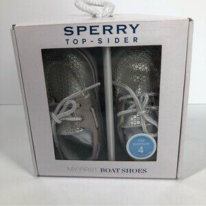 New Sperry Boat Shoes Bahama Crib Silver Sequins Sparkle Baby Girl Size 4